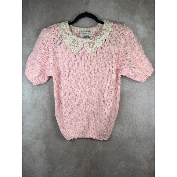 Crystal Sportswear Ltd Sweaters - VTG 80s  Crystal Sportswear Sweater Women Large Pink Lace Collar Short Sleeve